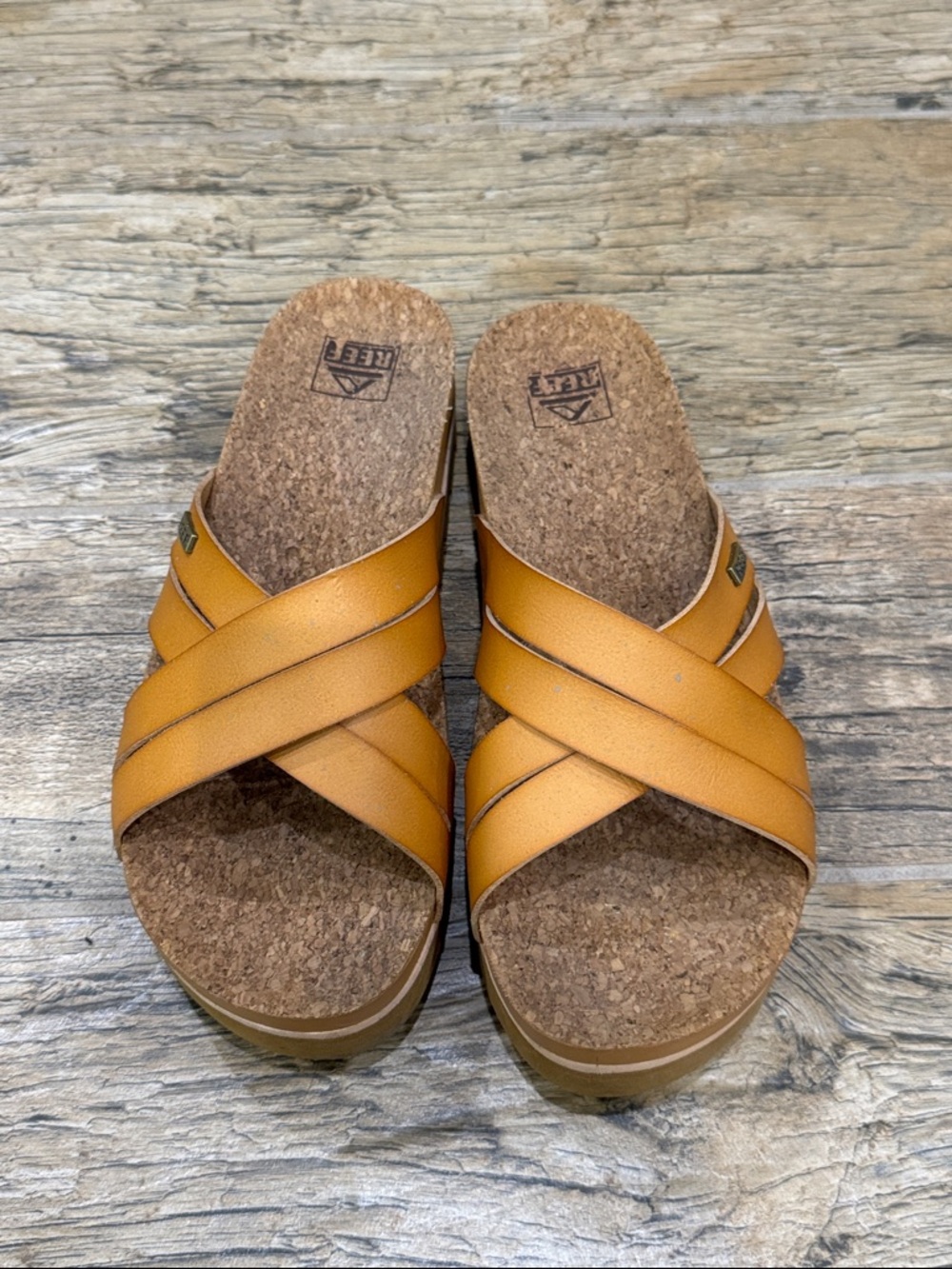 Reef Tan Crisscross Cork Slide Sandals